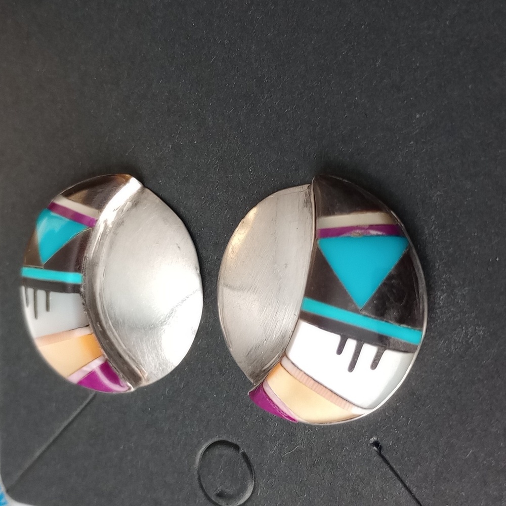 Native American Zuni Multi-stone Inlay Sterling Silver Moon Stud Earrings